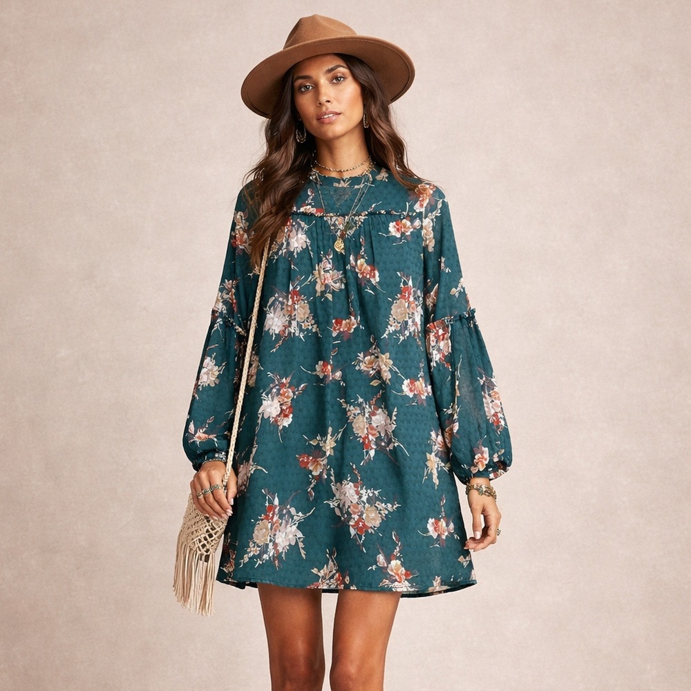 Japna Green Floral Boho Mini Dress Balloon Sleeve Babydoll Large